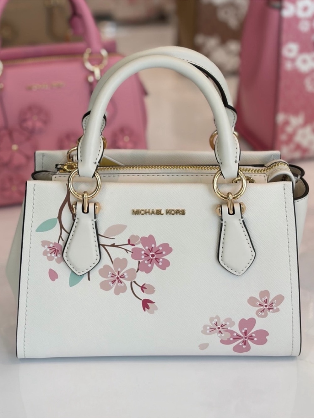 Michael Kors White Satchel Crossbody with Pink Floral Print